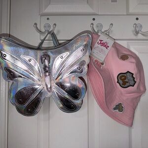 Justice Silver Butterfly Bag and Pink Hat Set